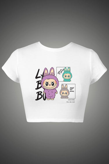 White crop top with labubu design on a gray background
